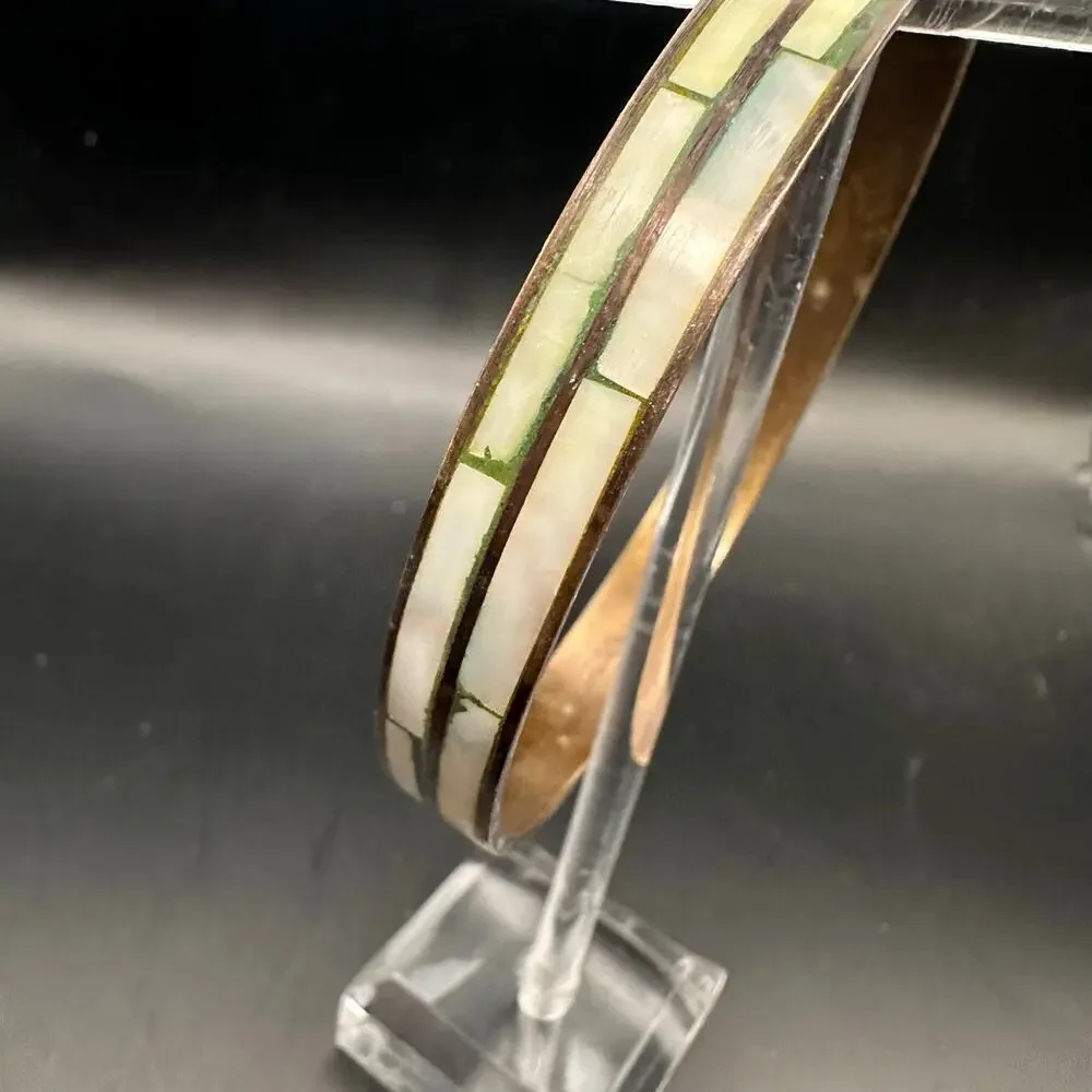 Mother of Pearl Brass Bangle Bracelet Summer MOP Retro Boho Bohemian Jewelry